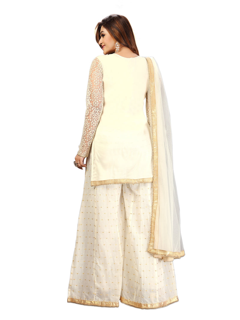 White Cotton Embroidery Salwar Suit Set Kurta Sharara with Dupatta Kurta Palazzo Set Stitched Ready To Wear For Women's Trendmallsin
