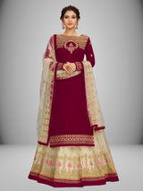 Women's Georgette Net Embroidery Salwar Suit Set Kurta Lehenga with Dupatta Maroon Trendmallsin