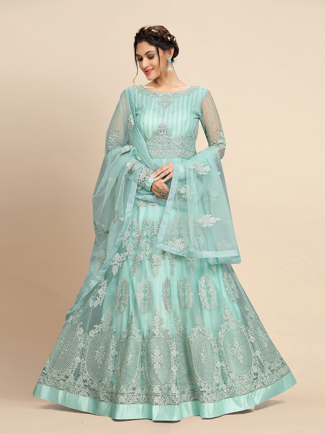 Women's Net Embroidery Salwar Suit Anarkali Kurta Set with Dupatta Trendmallsin