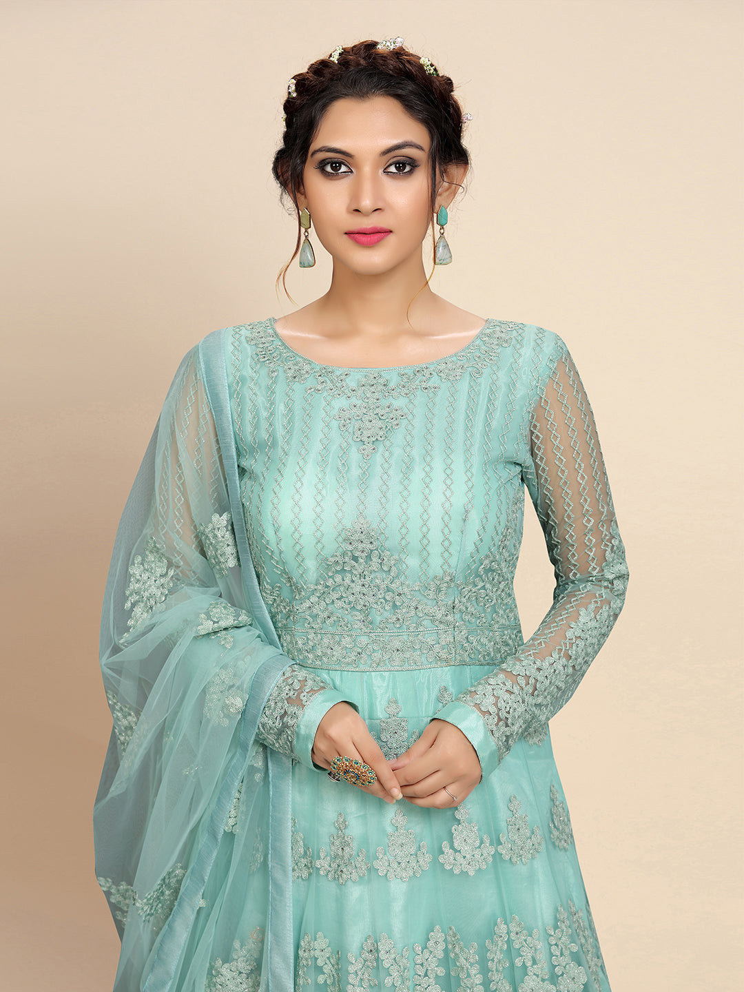 Women's Net Embroidery Salwar Suit Anarkali Kurta Set with Dupatta Trendmallsin