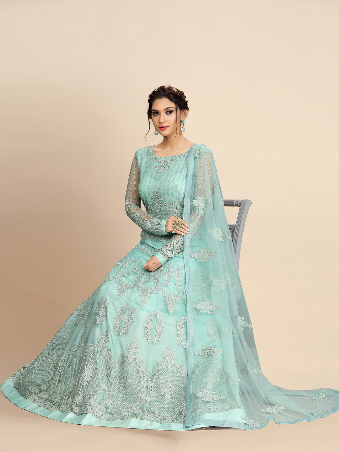 Women's Net Embroidery Salwar Suit Anarkali Kurta Set with Dupatta Trendmallsin