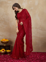Women's Red Georgette Embroidery Sequence Saree with Unstitched Blouse Piece Trendmalls