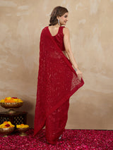 Women's Red Georgette Embroidery Sequence Saree with Unstitched Blouse Piece Trendmalls