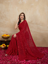 Women's Red Georgette Embroidery Sequence Saree with Unstitched Blouse Piece Trendmalls