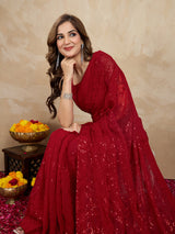 Women's Red Georgette Embroidery Sequence Saree with Unstitched Blouse Piece Trendmalls