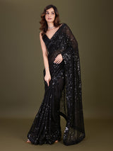 Women's Black Georgette Sequence Embroidery Work Saree with Blouse Piece Trendmalls