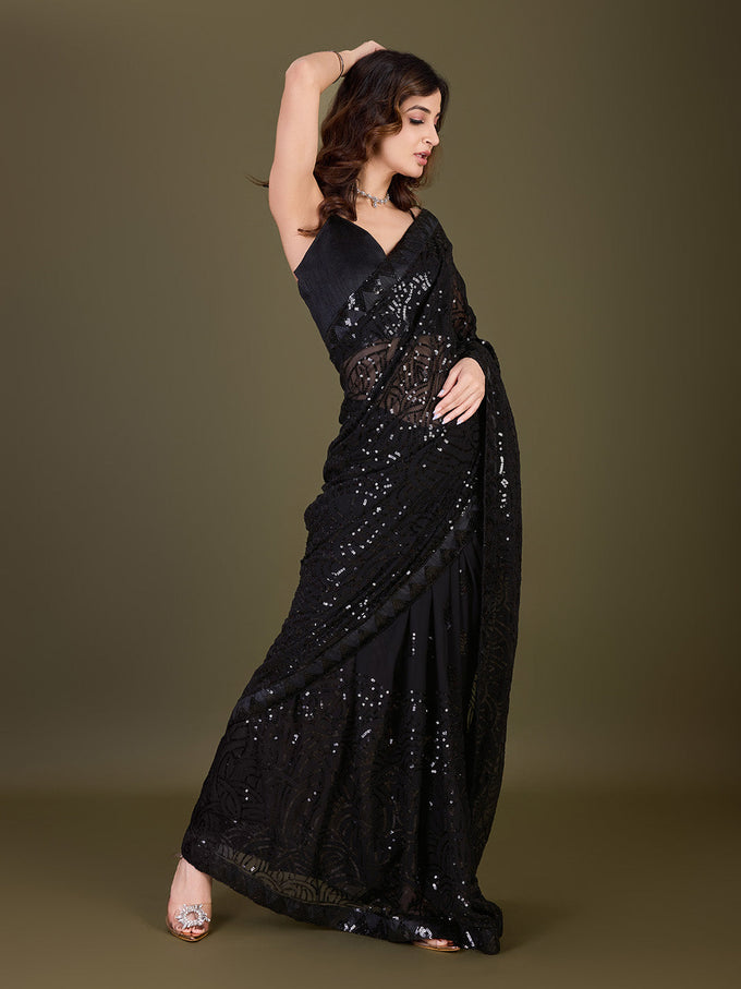 Women's Black Georgette Sequence Embroidery Work Saree with Blouse Piece Trendmalls