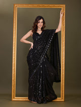 Women's Black Georgette Sequence Embroidery Work Saree with Blouse Piece Trendmalls