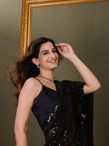 Women's Black Georgette Sequence Embroidery Work Saree with Blouse Piece Trendmalls