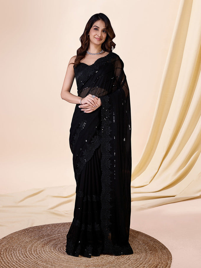 Black Georgette Sequence Embroidery Work Saree with Blouse Piece Trendmalls