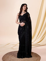 Black Georgette Sequence Embroidery Work Saree with Blouse Piece Trendmalls