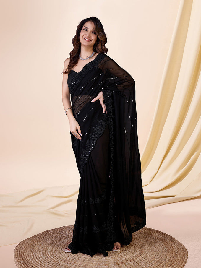 Black Georgette Sequence Embroidery Work Saree with Blouse Piece Trendmalls