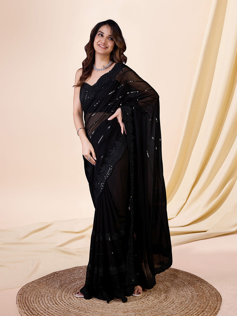 Black Georgette Sequence Embroidery Work Saree with Blouse Piece Trendmalls