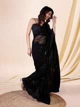 Black Georgette Sequence Embroidery Work Saree with Blouse Piece Trendmalls