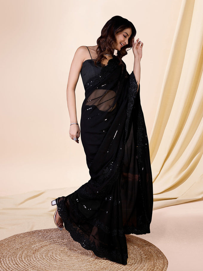 Black Georgette Sequence Embroidery Work Saree with Blouse Piece Trendmalls