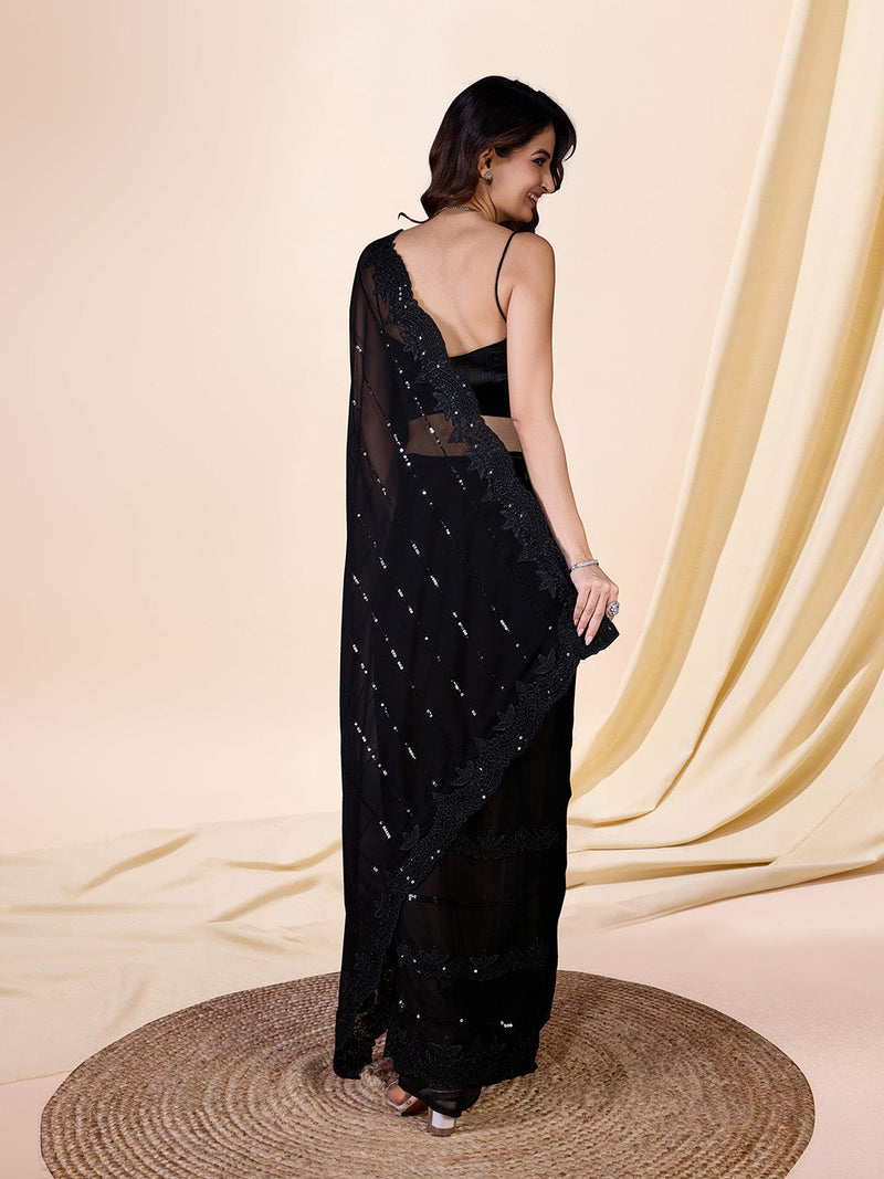 Black Georgette Sequence Embroidery Work Saree with Blouse Piece Trendmalls