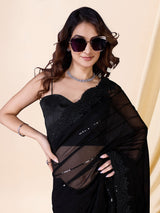 Black Georgette Sequence Embroidery Work Saree with Blouse Piece Trendmalls