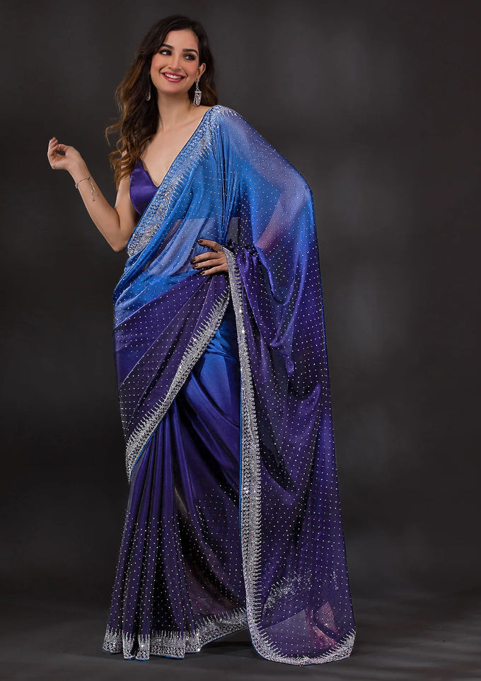 Blue Rangoli Silk Siroski Dual Shade Saree with Unstitch Blouse Piece Trendmalls