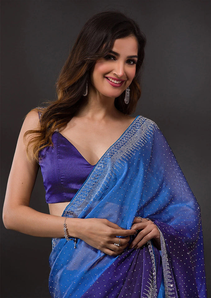 Blue Rangoli Silk Siroski Dual Shade Saree with Unstitch Blouse Piece Trendmalls