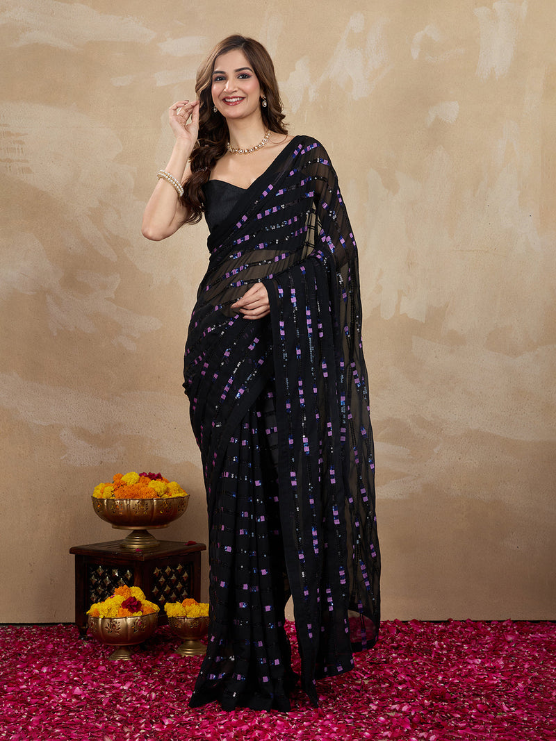 Women's Georgette Sequence Embroidery Work Saree with Blouse Piece Trendmalls