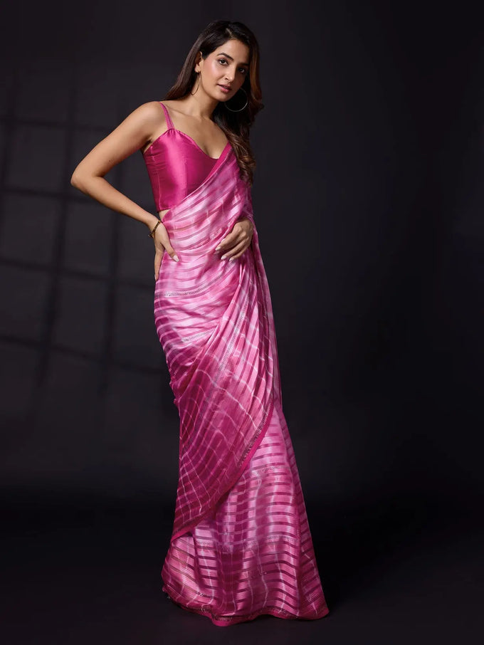 Women's Satin Blooming Siroski Work Saree with Blouse Piece Trendmalls