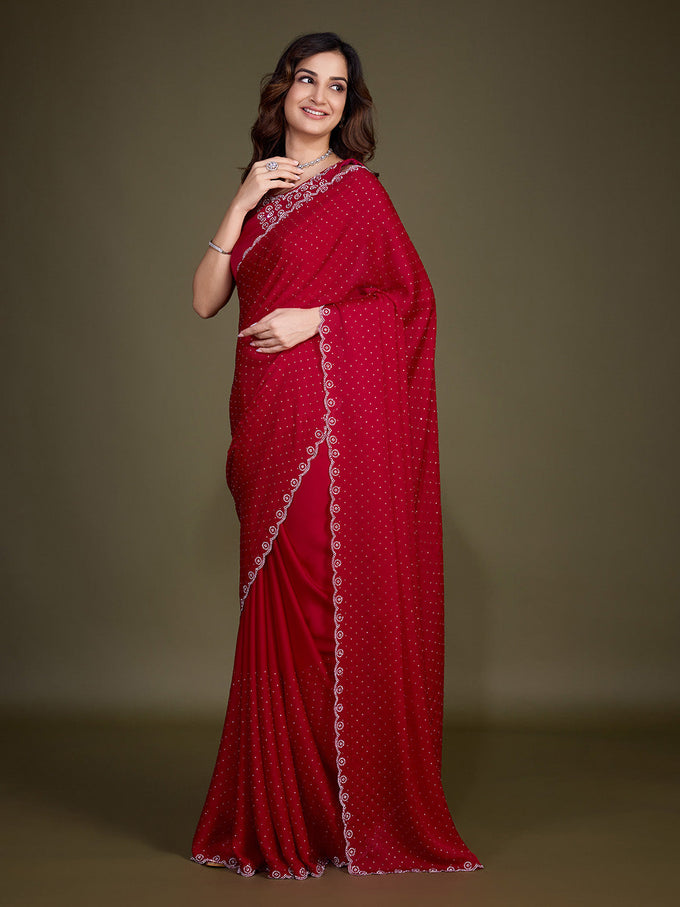 Women's Satin Silk Siroski Zarkan Work Saree with Unstitch Blouse Piece Trendmalls