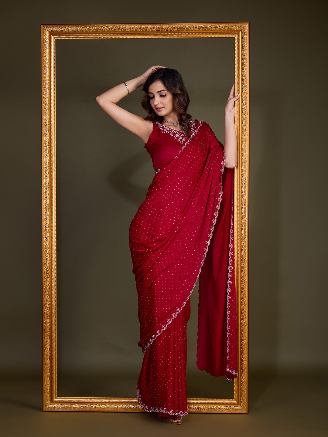 Women's Satin Silk Siroski Zarkan Work Saree with Unstitch Blouse Piece Trendmalls