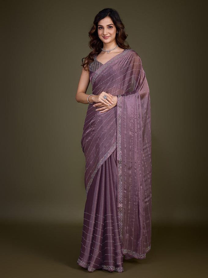 Women's Light Purple Organza Siroski work Saree with Unstitched Blouse Piece Trendmalls