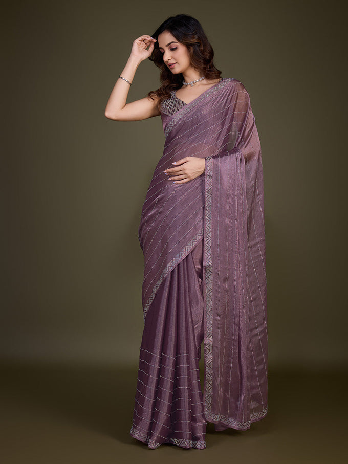 Women's Light Purple Organza Siroski work Saree with Unstitched Blouse Piece Trendmalls