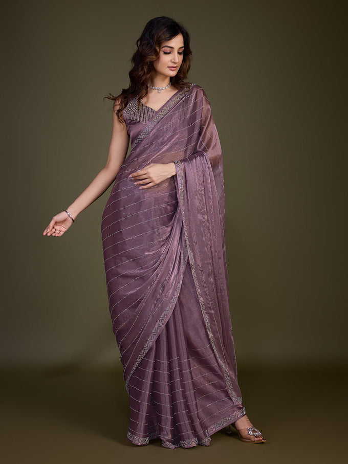 Women's Light Purple Organza Siroski work Saree with Unstitched Blouse Piece Trendmalls