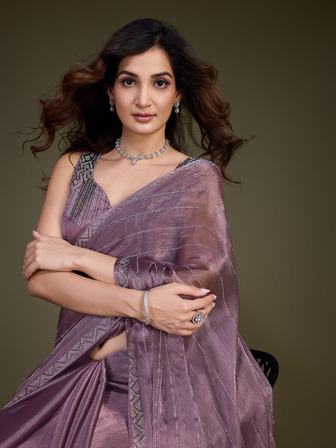 Women's Light Purple Organza Siroski work Saree with Unstitched Blouse Piece Trendmalls