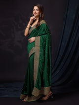 Darkgreen Vichitra Silk Embroidery Work Saree with Unstitch Blouse Piece Trendmalls