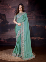 Women's Grey Rangoli Silk Embroidery Saree with Net Sequin work Blouse Piece Trendmalls