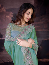 Women's Grey Rangoli Silk Embroidery Saree with Net Sequin work Blouse Piece Trendmalls