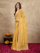 Women Yellow Silk Embroidery Work Saree with Blouse Piece Trendmalls