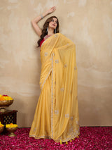 Women Yellow Silk Embroidery Work Saree with Blouse Piece Trendmalls