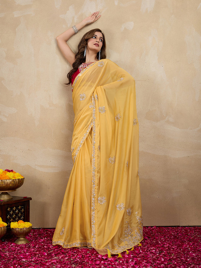 Women Yellow Silk Embroidery Work Saree with Blouse Piece Trendmalls
