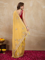 Women Yellow Silk Embroidery Work Saree with Blouse Piece Trendmalls