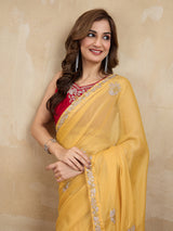 Women Yellow Silk Embroidery Work Saree with Blouse Piece Trendmalls
