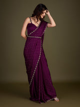 Women's Purple Satin Silk Siroski Zarkan Work Saree with Unstitch Blouse Piece Trendmalls