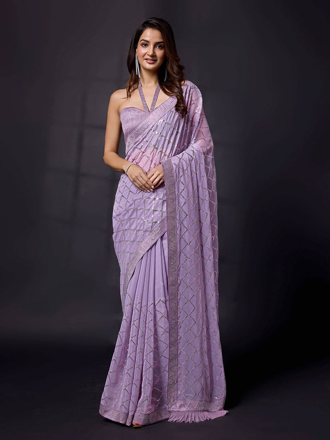 Women's Light Purple Chiffon Sequins Siroski work Saree With Unstitch Blouse Piece Trendmalls