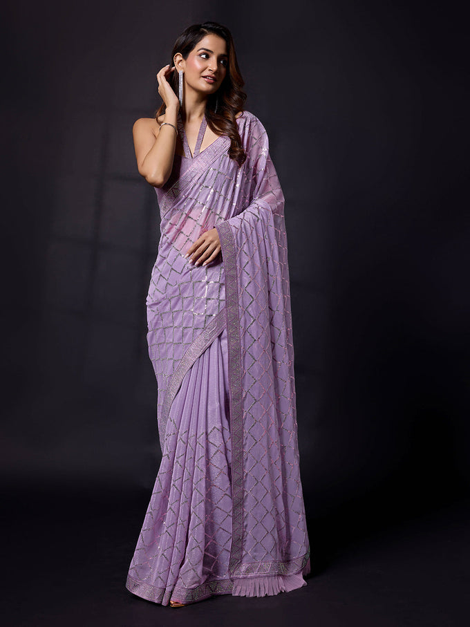 Women's Light Purple Chiffon Sequins Siroski work Saree With Unstitch Blouse Piece Trendmalls