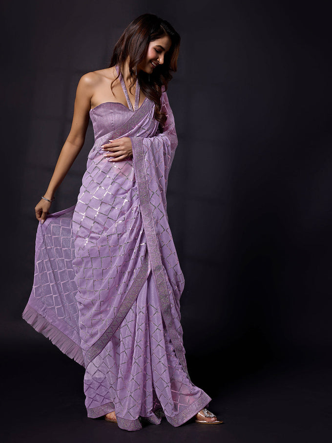 Women's Light Purple Chiffon Sequins Siroski work Saree With Unstitch Blouse Piece Trendmalls