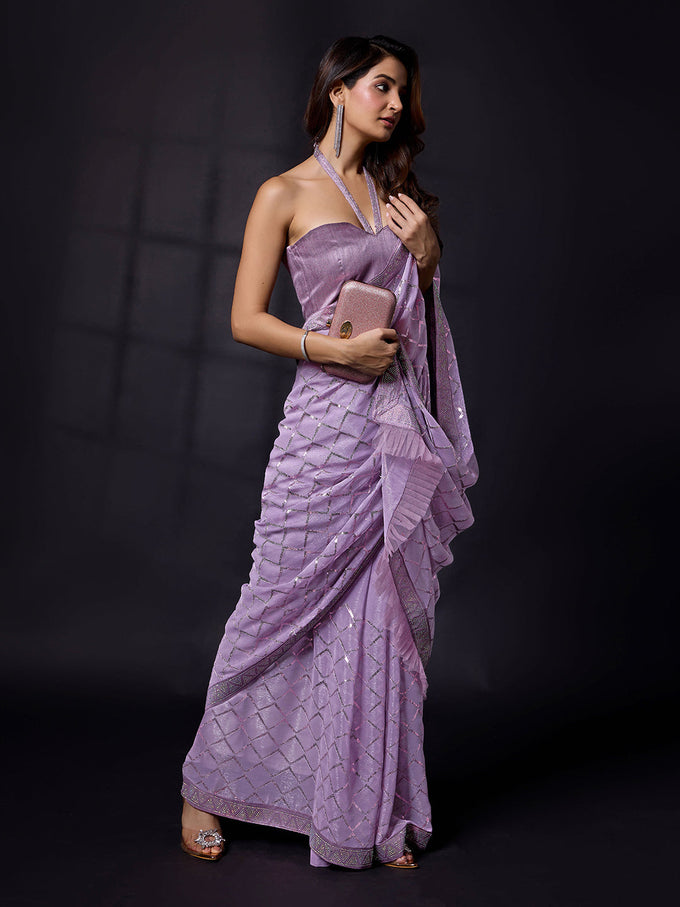 Women's Light Purple Chiffon Sequins Siroski work Saree With Unstitch Blouse Piece Trendmalls