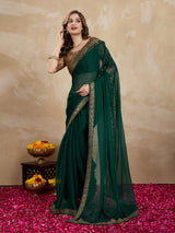 Women's Green Chiffon Embroidered Border Saree with Blouse Piece Trendmalls