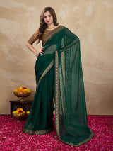 Women's Green Chiffon Embroidered Border Saree with Blouse Piece Trendmalls