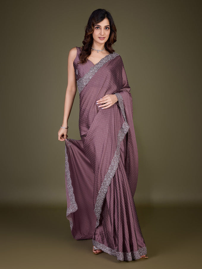 Women Light Brown Saree Rangoli sik Embroidery With Siroski Work Saree Trendmalls