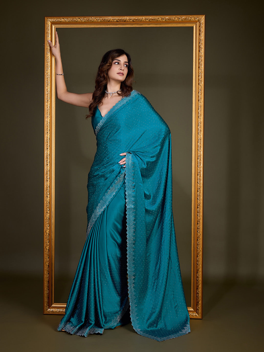 Morpeach Satin Silk Siroski Zarkan Work Saree with Unstitch Blouse Piece Trendmalls