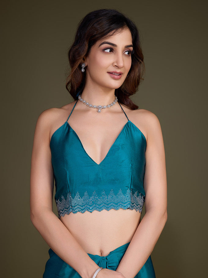 Morpeach Satin Silk Siroski Zarkan Work Saree with Unstitch Blouse Piece Trendmalls