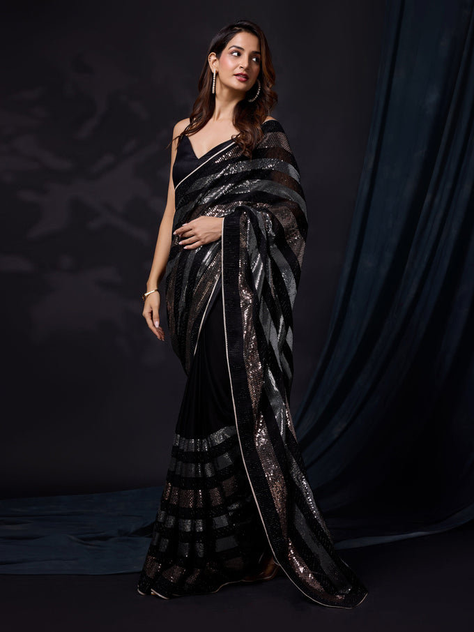 Women's Black Silk Sequins Work Saree with Blouse Piece Trendmalls